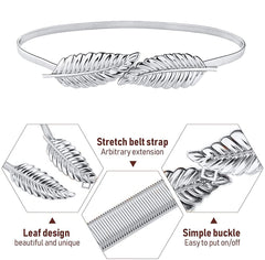 SYGA Women Metal Chain Leaves Buckle Stretchy Skinny Belt, Silver (Fits Waist Size 26-36)
