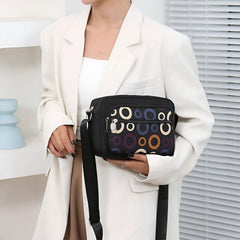 MOMISY Ladies Crossbody Bag, Nylon Shoulder Mobile Phone Purse, Circle Pattern, Black with Multi-Colour