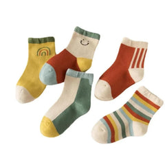 MOMISY 5 Pairs Girl Boys Tube Socks Toddlers Infant Solid Color Boat Spring and Autumn Socks Stretch Baby kids Sock (IN, Age, 5 Years, 7 Years, Rainbow Smiley)