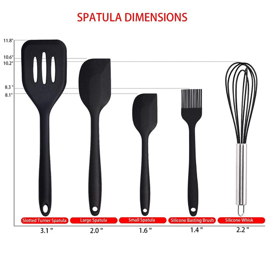 SYGA 5 Pieces Silicone Kitchen Utensils Spoon Set Cooking & Baking Tool Sets Non-Toxic Hygienic Safety Heat Resistant_Black