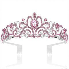 SYGA Bridal Princess Girl Tiara and Rhinestone Crown Headband Hair Accessories for Women Wedding Ceremony Party (Silver Plating + Pink diamonds)