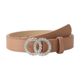 SYGA PU Leather Belt Rhinestone Waist Round Buckle Belt - Beige