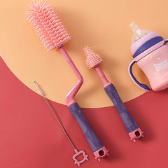 SYGA 3 Pcs Silicone Baby Bottle Brush Set, 360? Rotating Long Handle Water Bottle Cleaner Brush, Teat & Straw Brush Cleaning Cup Brush for Baby Bottles Plastic Bottles Glass Bottles Straws - Pink