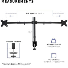 Gadget Wagon Two Monitor 13-27 inches Desk Clamp Arm - Height Adjustable Mount, Swivel & Tilt (2 Monitor Clamp Type)