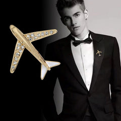 SYGA Men's Suit Aircraft Design Brooch Pin, Gold Tone with Crystal Accents