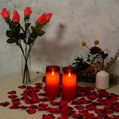 Flameless LED Pillar Candle Set of 2 | Acrylic Fiber Glass | Dancing Faux Wick | Remote Control with Battery Operated 3 AA | Home Décor & Gifting | 3" D x 6" H | Red