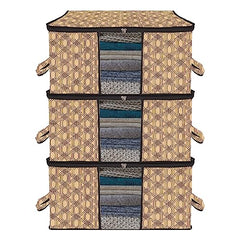 Kuber Industries Non-Woven Underbed Storage Bag | Clothes Storage Organizer | Blanket Cover With Clear Window | Zipper Closure & Handle Cloth Organizer | Check-Design | Large | Pack Of 4 | Cream