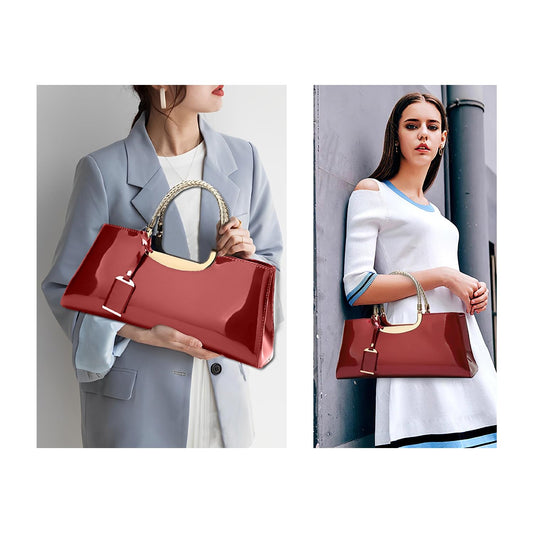 SYGA Women's Glossy Patent Leather Handbag Wedding Bag with Multiple Internal Pockets in Pretty Colors (Burgundy)