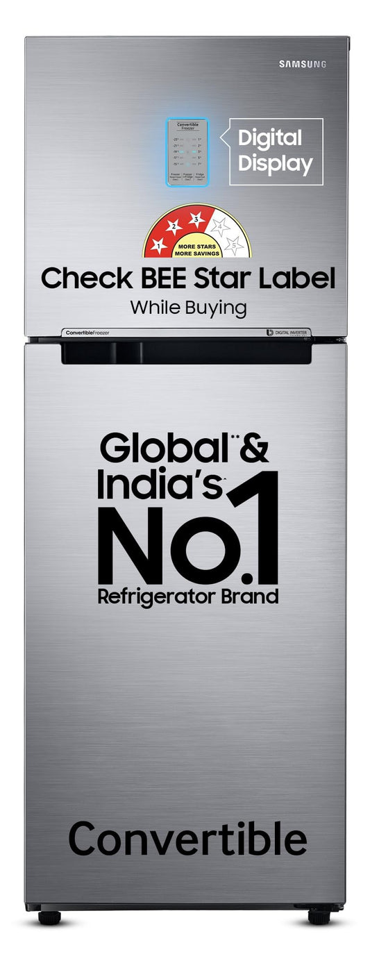 Samsung 236 L, 3 Star, Convertible, Digital Inverter with Display Frost Free Double Door Refrigerator (RT28C3733S8/HL, Silver, Elegant Inox)