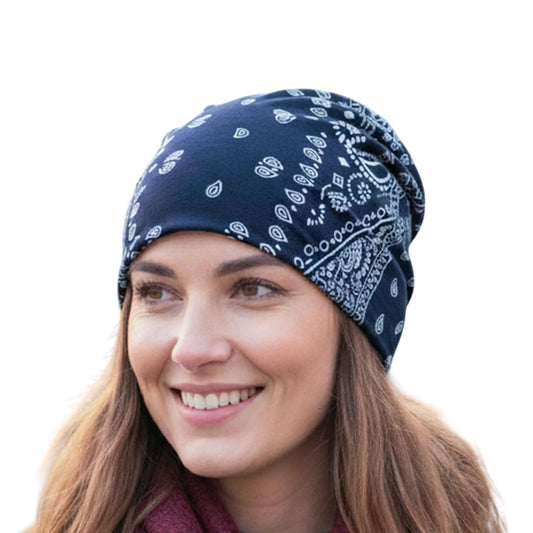 MOMISY Soft Stretch Chemo Scarf Beanie | Breathable Slouchy Hat with Stylish Prints for Women (Navy)