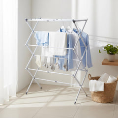 STANSY Foldable Clothes Drying Rack, Multi-Tier Metal Laundry Stand, White, Space Saving, Portable, Indoor Outdoor Use for Balcony Bathroom Home