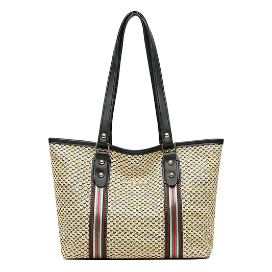MOMISY Women's Straw Large Capacity Shoulder Tote Handbag with Top Handle-Black Handle