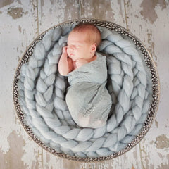 MOMISY Newborn Baby Photography Prop Wool Wrap Braided Rope Basket Filler Stretchy Baby Scarf Photo Props DIY Bliss Sleeping Rug Soft Baby Blanket Art- Light Grey