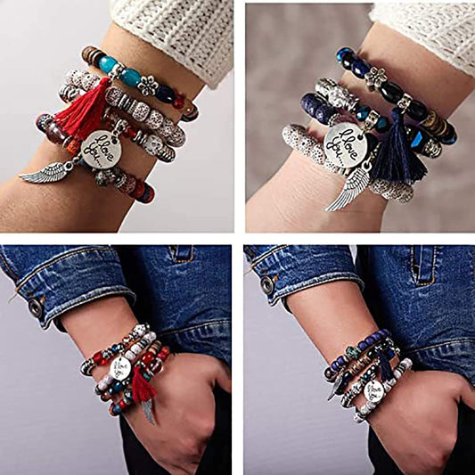 SYGA Bohemia Multilayer Bracelet, Retro Bracelet Set, Elastic Tassel Bracelet, Stackable Bracelet for Boy and Girl, Party, Holiday, Beach Accessories- Design 1
