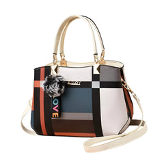 SYGA Women Colorblock Handbag with Dual Handles & Sling Strap – Featuring LOVE Keychain & Faux Fur Charm