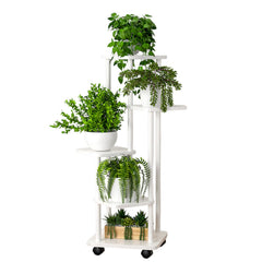 STANSY 5 Tier Plant Stand with Wheels | Multi-Layer Metal Flower Shelf for Indoor & Outdoor Use | Heavy-Duty Wooden Laminate Display Stand for Home, Balcony, Living Room(White Wood + White,112cm)