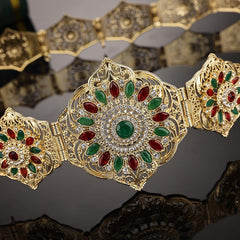 SYGA Women's Bridal Gift Diamond Rhinestone Inlaid Single Circle Noble Round Crystal Hollow Flower Metal Belt For Saree (Gold)