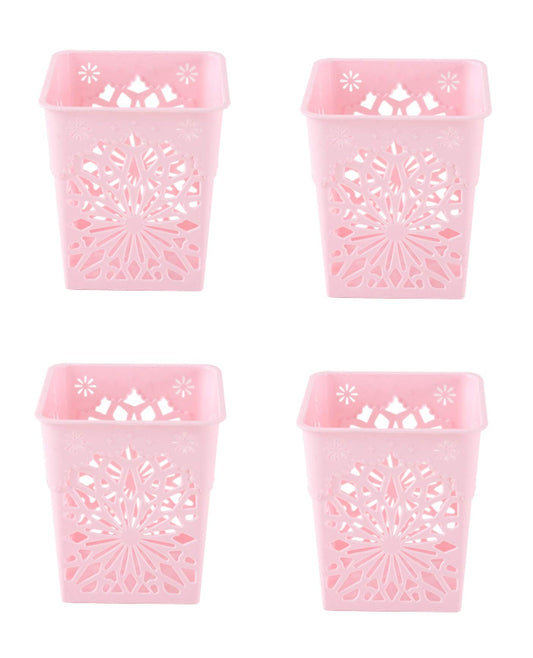 SYGA 4 Pieces Plastic Square Shape Storage Pen Holder_Pink