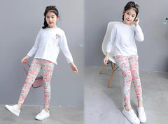 SYGA Children's Leggings Star Rainbow Print Girls Leggings Thin Outer Wear Girls Pants Suitable Age for 9-11 Years Old(White)