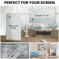ETHU Dual Premium Monitor Arm with Gas Spring, Vertical Dual Monitor Mount for 17-32 Inch Screens up to 9kg Each, Adjustable VESA Monitor Stand with C-Clamp & Grommet Installation,White