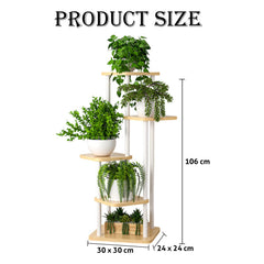STANSY 5 Tier Plant Stand with Wheels | Multi-Layer Metal Flower Shelf for Indoor & Outdoor Use | Heavy-Duty Wooden Laminate Display Stand for Home, Balcony, Living Room(Light Walnut + White, 106cm)