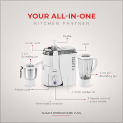Sujata Powermatic Plus Juicer Mixer Grinder|900 Watts Double Ball Bearing Motor|22000 RPM|Non-Stop 90 Mins Running|2 Jars including 1750ml Blender, 1000ml Grinder Jar| (White)