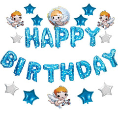 SYGA Foil Balloons- Happy Birthday Letters with Angels and Stars for Baby Boy(Blue)
