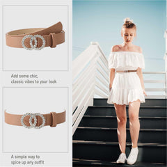 SYGA PU Leather Belt Rhinestone Waist Round Buckle Belt - Beige