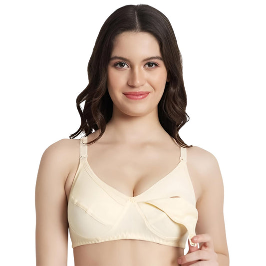 MOMISY Maternity Nursing Bra for Women | Non-Padded Cotton Blend | Wire-Free V-Neck Feeding Bra (Size 36 Beige)