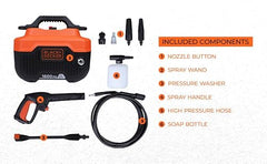 BLACK+DECKER BEPW1600 1300W 1600 PSI 110 Bar Pressure Washer for Car, Bike, Home & Garden Cleaning Use with Multiple Accessories Included, 1 Year Warranty, Orange & Black
