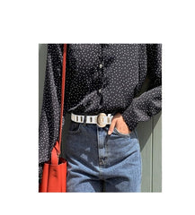 SYGA Women's Gold Oval Eyelet Belt Round Button Jeans Belt(White)