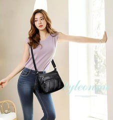 SYGA soft leather women's bag shoulder messenger bag fashion casual(Black)