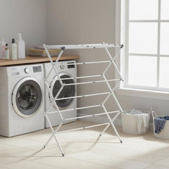 STANSY Foldable Clothes Drying Rack, Multi-Tier Metal Laundry Stand, White, Space Saving, Portable, Indoor Outdoor Use for Balcony Bathroom Home