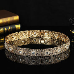SYGA Women's Wedding bridal waist chain Middle Eastern Metal Hollow Carved Rhinestone Inlaid Belt Robe Girdle Accessories(Gold+White)