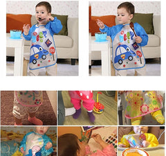 MOMISY Waterproof Smock Painting Apron for Kids Full Sleeve Feeding Bib for Babies Cartoon Animal Art for Infants Toddler Boys Girls (Red Happy-Green Jungle)-Set of 2
