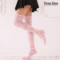 MOMISY Knee Socks for Womenand Girls Premium Cotton Blend, Breathable Long Knee High Stockings, Ultimate Comfort and Style, Ideal for Daily Use- Pack of 1 (Free Size) (Light Pink White)