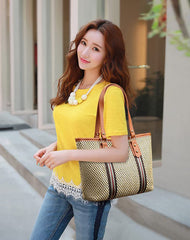 MOMISY Women's Straw Large Capacity Shoulder Tote Handbag with Top Handle-Red Handle