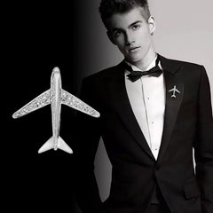 SYGA Men's Suit Aircraft Design Brooch Pin, Silver Tone with Crystal Accents
