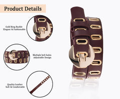 SYGA Women's Gold Oval Eyelet Belt Round Button Jeans Belt(Brown)