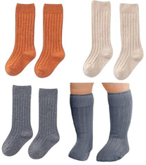 MOMISY 3 Pairs of Baby Spring Winter And Autumn Combed Cotton Long Tube Knee-High Socks Suitable Age of 2 to 4 Years (IN, Age, 2 Years, 4 Years, Orange Grey Beige)