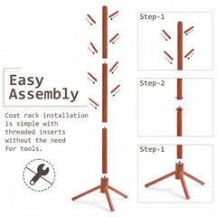 STANSY Wooden Tree Design Coat Rack Stand with Multiple Hooks & Stable Tripod Base for Entryway, Bedroom & Office