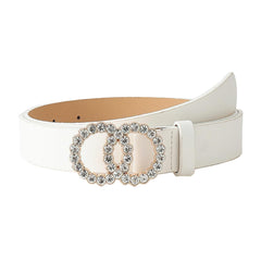 SYGA PU Leather Belt Rhinestone Waist Round Buckle Belt -White