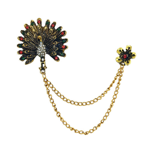 SYGA Men's & Women Classic Animal Peacock Corsage Suit With Eagle Chain Lapel Pin Tassel Brooch Pin with Crystal Chain(Peacock)