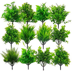 Dekorly Artificial Plastic Mix Green Grass Fake Outdoors Plant Bushes Decor Faux Greenery Shrubs For Outdoor And Indoor, Artificial Shrubs Stems | Height- 7 Inches (Multi-16)