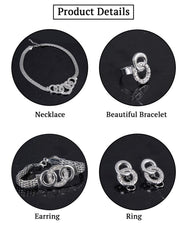 SYGA Women Necklace Set Silver-tone Five Rings Pattern Four Piece Jewelry Set Earrings Necklace Bracelet Ring Wedding Festival For Women