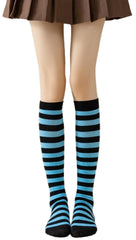 MOMISY Knee Socks for Womenand Girls Premium Cotton Blend, Breathable Long Knee High Stockings, Ultimate Comfort and Style, Ideal for Daily Use- Pack of 1 (Free Size) (Sky Blue Black)