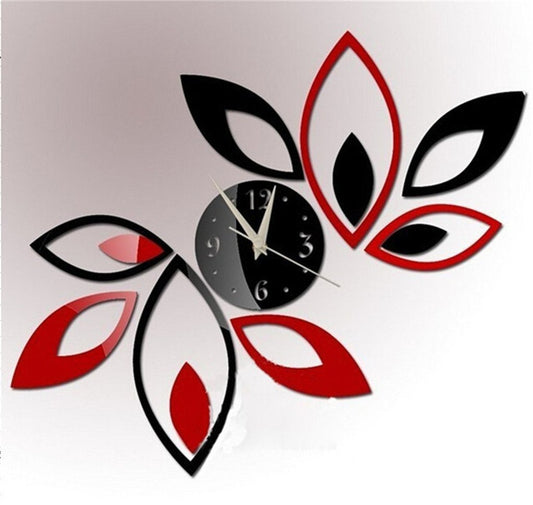 SYGA Mirror Wall Clock, Red and Black Rhombus Leaves Sticker Decoration
