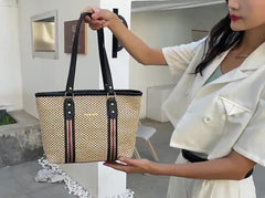MOMISY Women's Straw Large Capacity Shoulder Tote Handbag with Top Handle-Black Handle