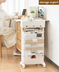 SYGA Removable Multifunctional Book Storage Rack Shelf Living Room Layered Plastic Magrack 3drawers with Wheels (OffWhite)