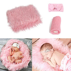 MOMISY Newborn Photography Props, 3PCS Toddler Photo Blankets Wrap and Headband Long Hair Photography Wrap Shaggy Area Rug Photo Prop Multi-Purpose Swaddle Wrap Photography Mat for Babies - Baby Pink